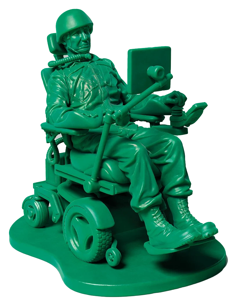 Plastic toy soldier depicting a veteran with ALS in a wheelchair